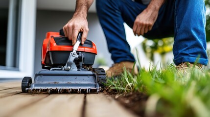 Fototapeta premium A man is seen working with a lawn aerator tool on a wooden deck outdoors, highlighting his focus and effort in maintaining the garden or backyard area.