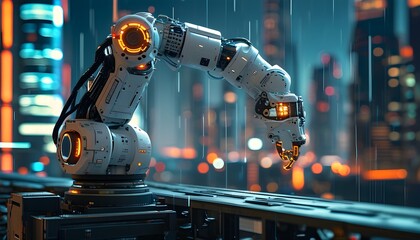 Futuristic robotic arm operating in a cutting-edge cityscape at night with holographic data interfaces, showcasing advanced industry and technology