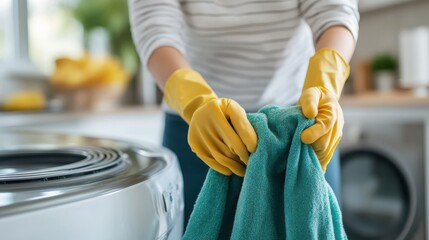 A person is doing laundry, holding a green cloth near a washing machine, wearing yellow gloves, indicating a concern for cleanliness and sanitization in household chores.