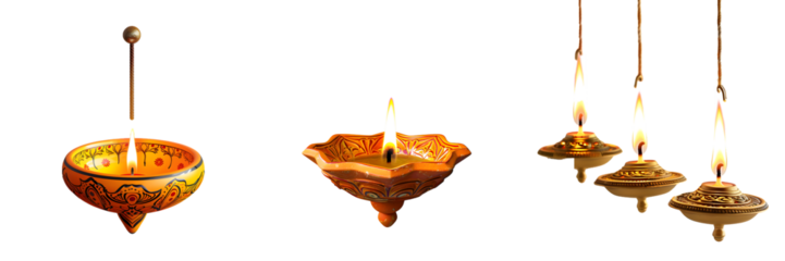 Three hanging and standing traditional Diwali oil lamps with flames glowing brightly, isolated on a white background, png