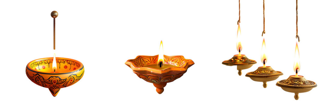 Three hanging and standing traditional Diwali oil lamps with flames glowing brightly, isolated on a white background, png