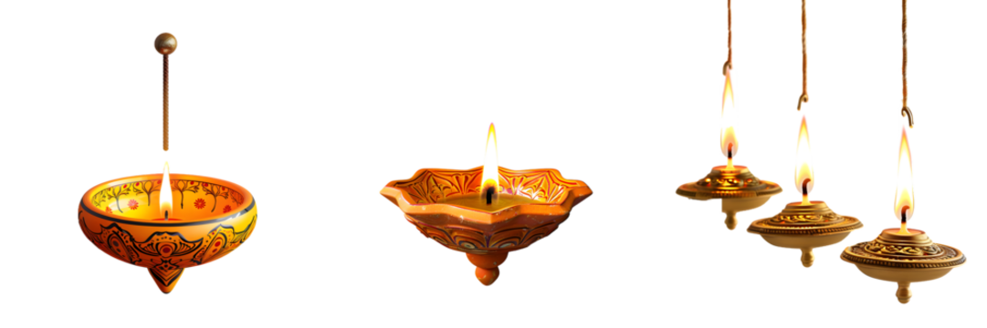 Three hanging and standing traditional Diwali oil lamps with flames glowing brightly, isolated on a white background, png - Powered by Adobe