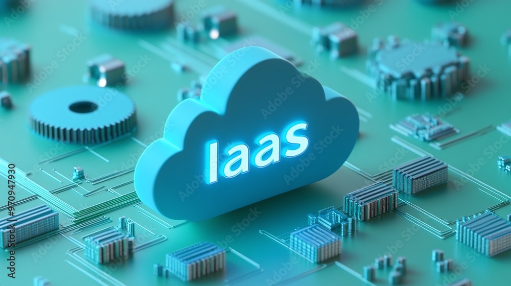 Poster conceptual illustration of iaas, showing cloud computing paradigm with interconnected circuits and t