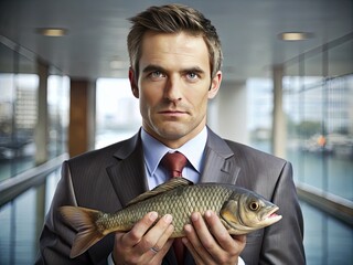 A close-up shot of a confident and assertive businessman holding a stuffed fish, symbolizing a colloquialism for an overconfident or arrogant person.