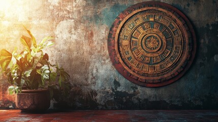 Obraz premium Background in American Indian Style with Mayan or Aztec calendar on old wall. Empty space texture.