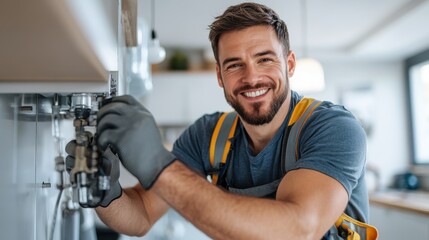 A cheerful plumber crouching beneath a kitchen sink, skillfully fixing pipes, symbolizes reliability and the essential role of tradespeople in everyday life.