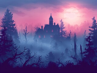 Misty morning with haunted house silhouette, creepy Halloween, flat design illustration.,