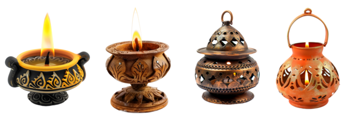 A selection of beautifully designed vintage lanterns illuminated with bright lights for Diwali celebrations isolated on a white background, png