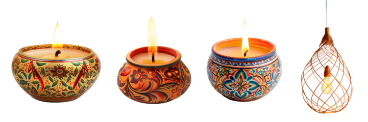 Beautifully handcrafted Diwali candles with intricate patterns glowing in festive settings isolated on a white background, png