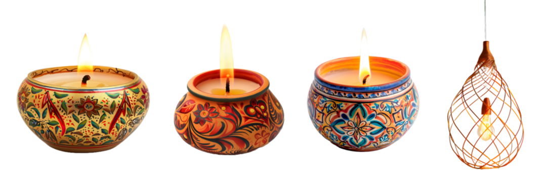 Beautifully handcrafted Diwali candles with intricate patterns glowing in festive settings isolated on a white background, png