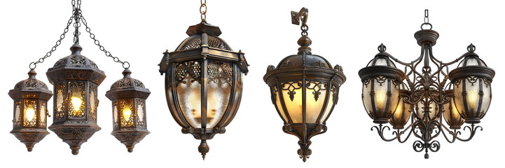 Intricately designed metal lantern chandelier with three ornate lamp holder, suspended from chain isolated on a white background, png