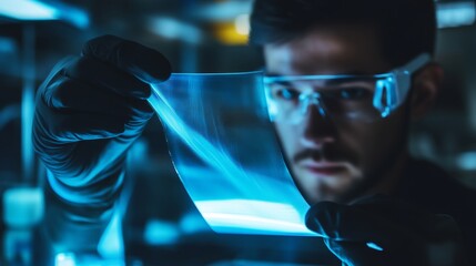 Scientist show and bend flexible transparent thin film material in laboratory. Concept of research for material with new properties.