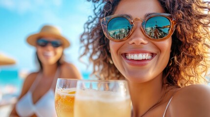 Two women on a sunny beach toast with drinks, sharing a joyful moment. Both wear sunglasses, and the bright atmosphere captures a fun, carefree celebration.