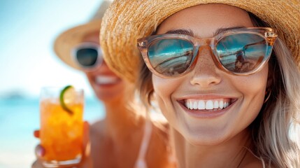 Two women enjoying sunny beach vibes with refreshing cocktails. Their sunglasses reflect the blue sky, and wide smiles depict ultimate relaxation and joy.