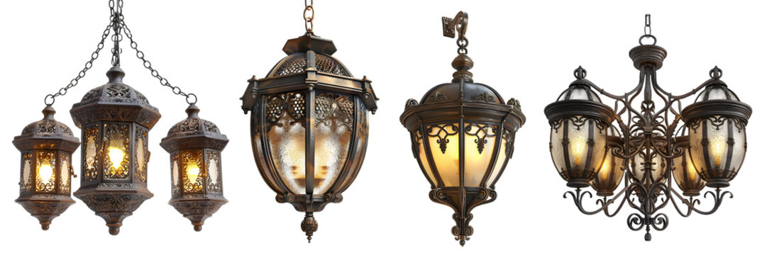 Intricately designed metal lantern chandelier with three ornate lamp holder, suspended from chain isolated on a white background, png