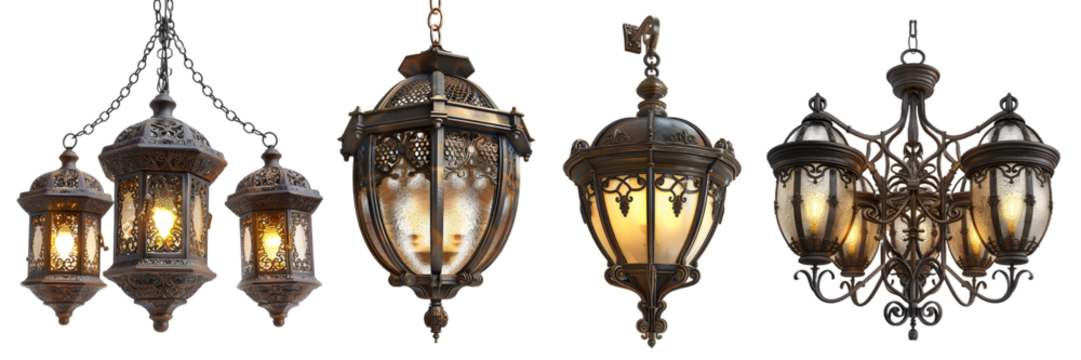 Intricately designed metal lantern chandelier with three ornate lamp holder, suspended from chain isolated on a white background, png
