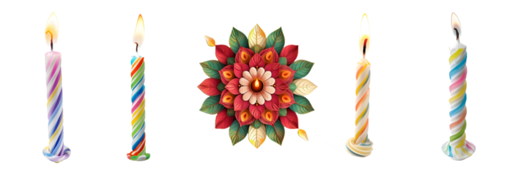Vibrant colored candles with swirl patterns for festive Diwali decorations isolated on a white background, png