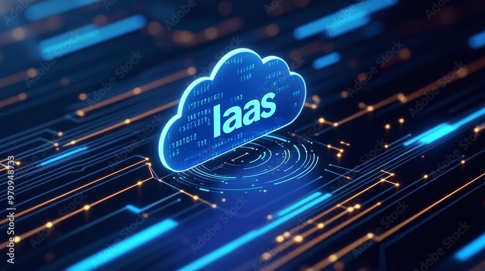 Poster digital representation of iaas cloud computing with glowing elements and technology lines for modern