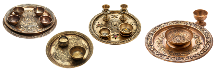 Elegant brass thali with multiple oil lamps for Diwali rituals and celebrations isolated on a white background, png