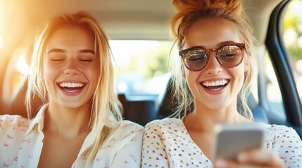 Cruising on a sunny day, two young women embrace adventure in a cheerful road trip atmosphere, capturing friendship and youthful exuberance in a vibrant setting.