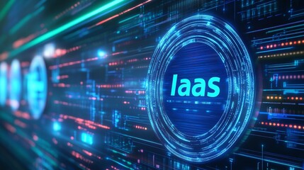 Obraz premium Futuristic digital representation of IaaS cloud computing service with vibrant colors and network graphics.