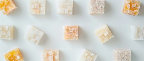 Neatly arranged pastel-colored sugar cubes on a white surface, presenting a playful and whimsical aesthetic.
