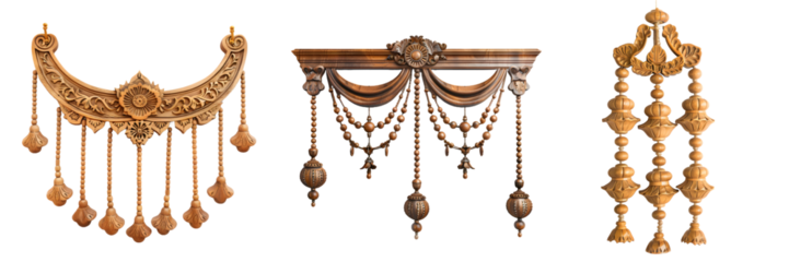 Vibrant handcrafted textile banners with colorful tassels and geometric patterns for festive decoration isolated on a white background, png