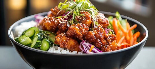 A spicy Korean fried chicken bowl served over steamed rice and vegetables