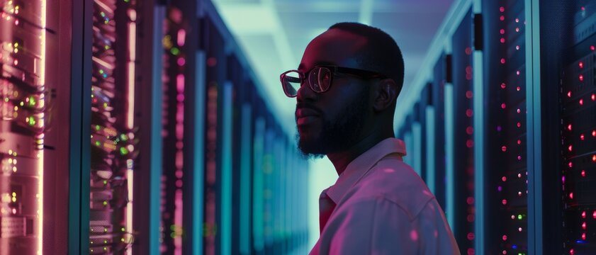 A person stands in a dimly lit data center, surrounded by rows of server racks glowing with colorful lights, symbolizing technology and computing.