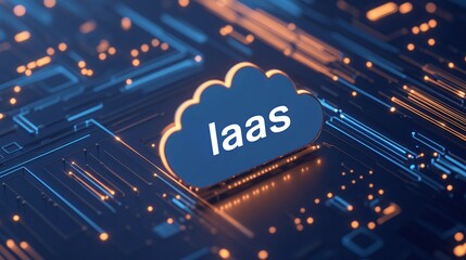 Fototapeta premium Illustration of IaaS cloud computing model, showcasing digital technology and infrastructure with blue background and glowing effects.