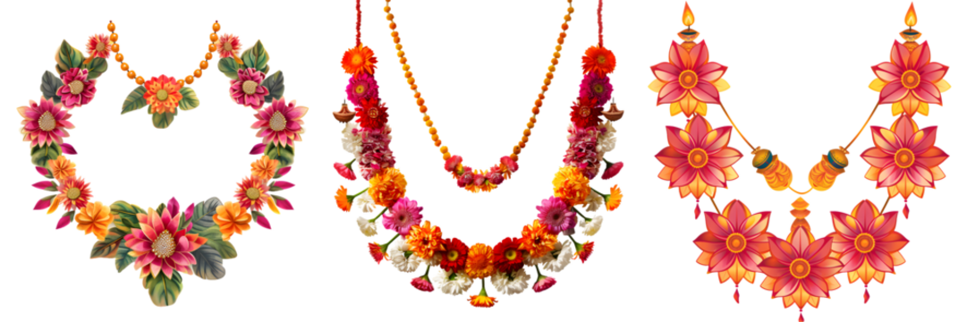 Colorful beaded necklace with multiple strands of vibrant beads and hanging teardrop-shaped glass ornaments, isolated on a white background, png