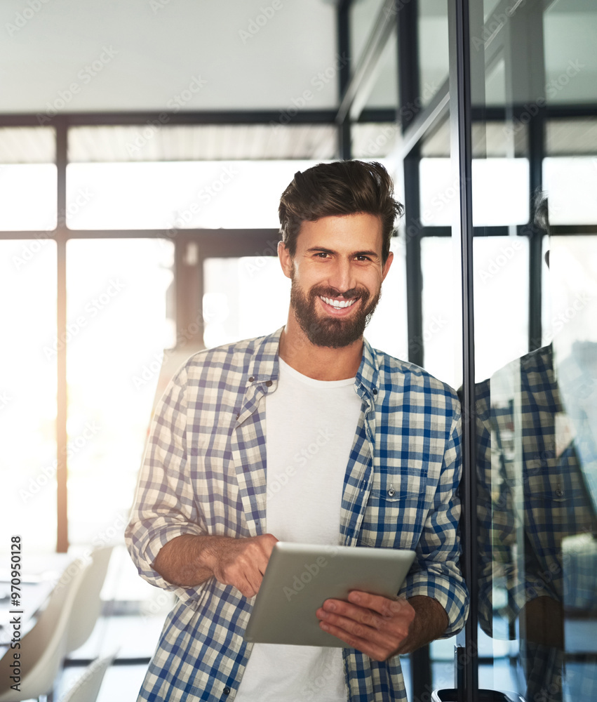 Poster office, businessman and portrait with tablet for research, company content and productivity with tec