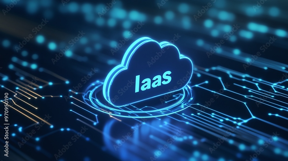 Poster illustration of iaas concept with cloud computing technology, showcasing digital data flow and netwo