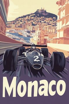 A thrilling depiction of a race car speeding through Monacos picturesque streets, showcasing the iconic coastal layout and majestic hills. A perfect tribute to the excitement of the Grand Prix.