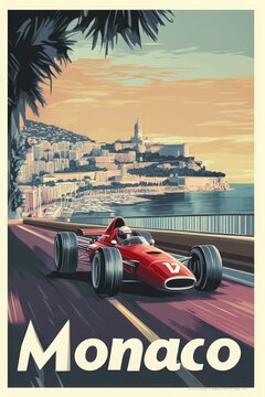 A vintage travel poster highlights Monacos racing culture, featuring a classic car speeding along the coastline with luxurious architecture and scenic landscapes in the background.