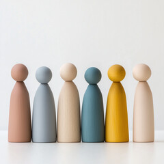 Wooden figurines of various heights and colors stand in a group, representing diversity, unity, and individuality. 