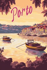 Obraz premium The enchanting city of Porto unfolds along a serene river, where traditional boats float gracefully. Vibrant buildings bask in the warm glow of sunset, inviting exploration and relaxation.