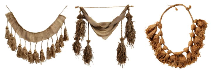 Handcrafted traditional mala with intricate woven designs and tassels in natural fibers, isolated on a white background