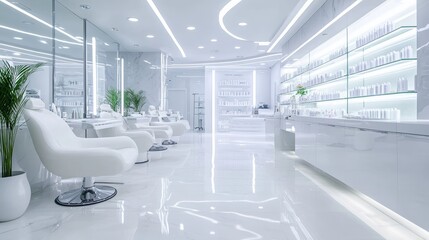 Nail salon bright interior panorama of modern manicure shop. Inside beauty studio spa room with white design. Clean empty trendy nail salon. Cosmetic service and store theme. Moscow - Feb 7 2019