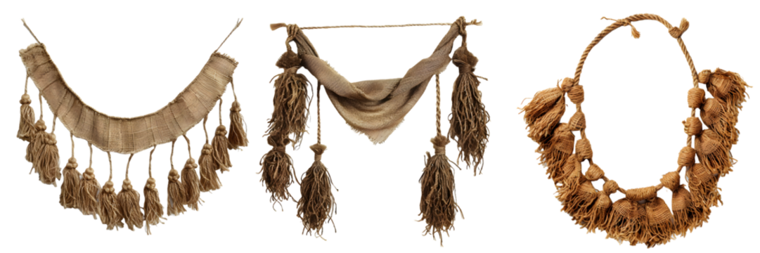 Handcrafted traditional mala with intricate woven designs and tassels in natural fibers, isolated on a white background