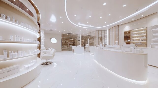 Nail salon bright interior panorama of modern manicure shop. Inside beauty studio spa room with white design. Clean empty trendy nail salon. Cosmetic service and store theme. Moscow - Feb 7 2019