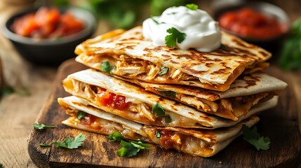 A stack of crispy chicken and cheese quesadillas served with salsa and sour cream