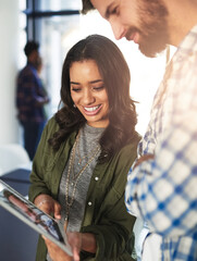 Office, business people and teamwork with tablet screen for research, company and editing for...