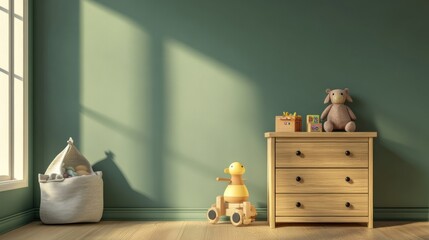 A Cozy Child's Bedroom Interior with Green Walls