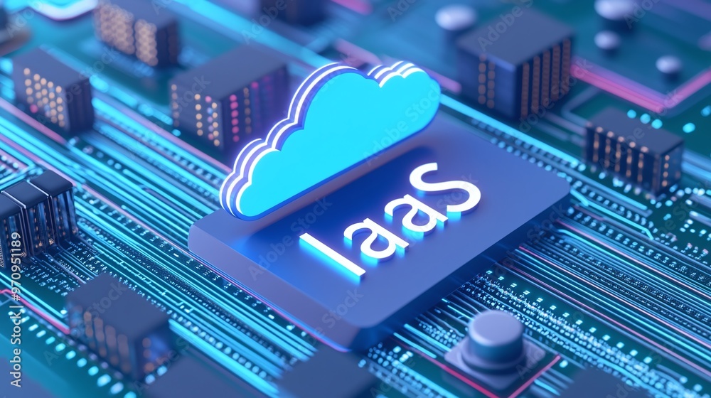 Poster visual representation of iaas architecture with a circuit board and cloud computing elements, symbol