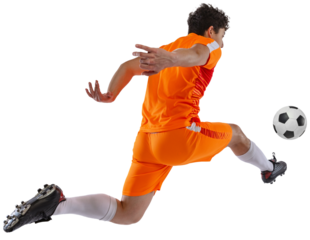 Dynamic image of active young guy, soccer player in motion with ball, training, playing isolated on white transparent background. Concept of sport, competition, active lifestyle, game