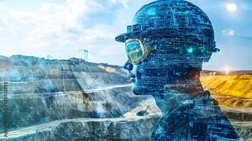 Poster digital head profile showcasing futuristic intelligence,data analytics,and cloud computing technolog