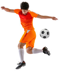 Dynamic image of determined athletes, soccer player in motion, training, dribbling ball isolated on...