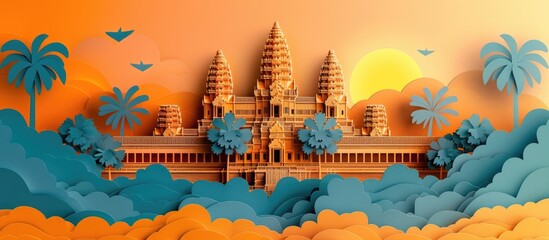 Obraz premium Angkor Wat Temple Landscape Iconic Cambodian Monument Silhouette at Sunrise with Dramatic Clouds and Sky Mystical and Spiritual Landmark of Southeast Asia in Vibrant Digital