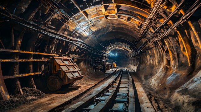 Photograph of an underground mining with a railway running through a dark,cavernous industrial tunnel. Heavy machinery and equipment can be seen.